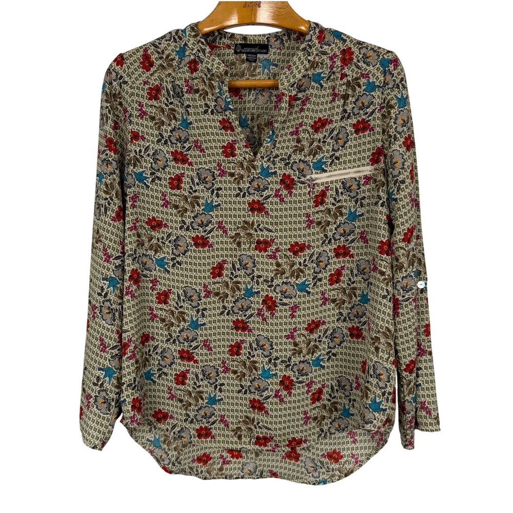 Signature Studio Blouse Floral Bird Print V-Neck Size M Olive Red Roll Tab Top